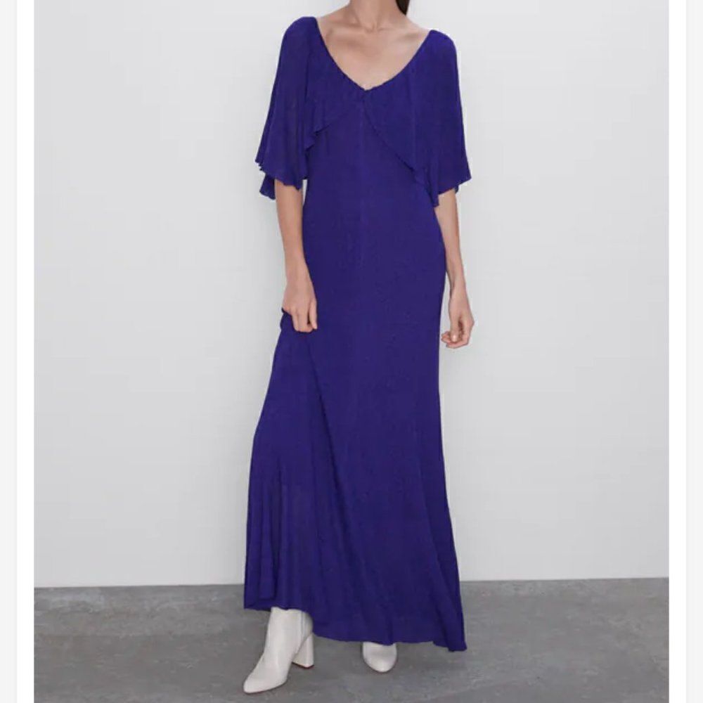 Zara Purple Metallic Thread Cape Long Knit Dress
